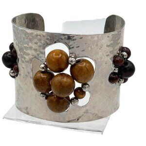 Artisan Chunky wide Silvertone hammered cuff flower brown beads